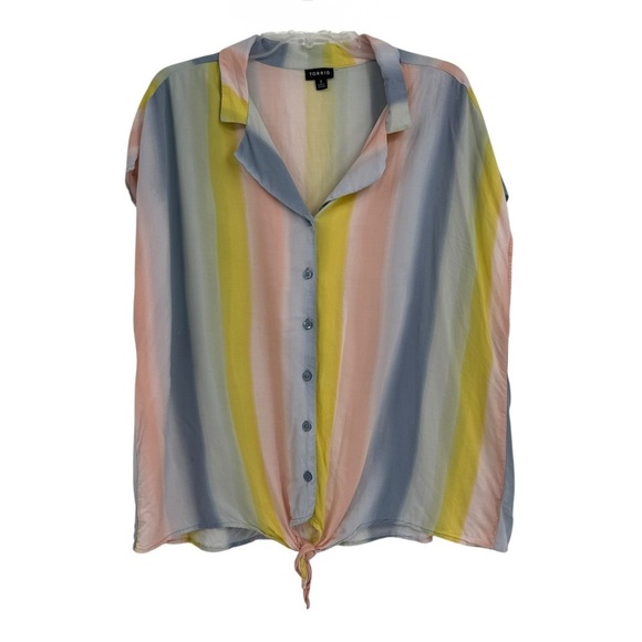 TORRID WOMEN'S Rainbow STRIPE CHALLIS TIE FRONT DOLMAN BLOUSE TOP Size 2X - Picture 3 of 10